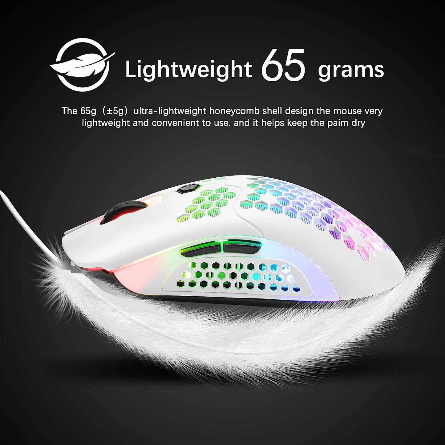 ZIYOU LANG M5 RGB Wired Gaming Mouse, 12000 DPI, 6 Buttons, 65G Honeycomb, Ultralight Cable, White