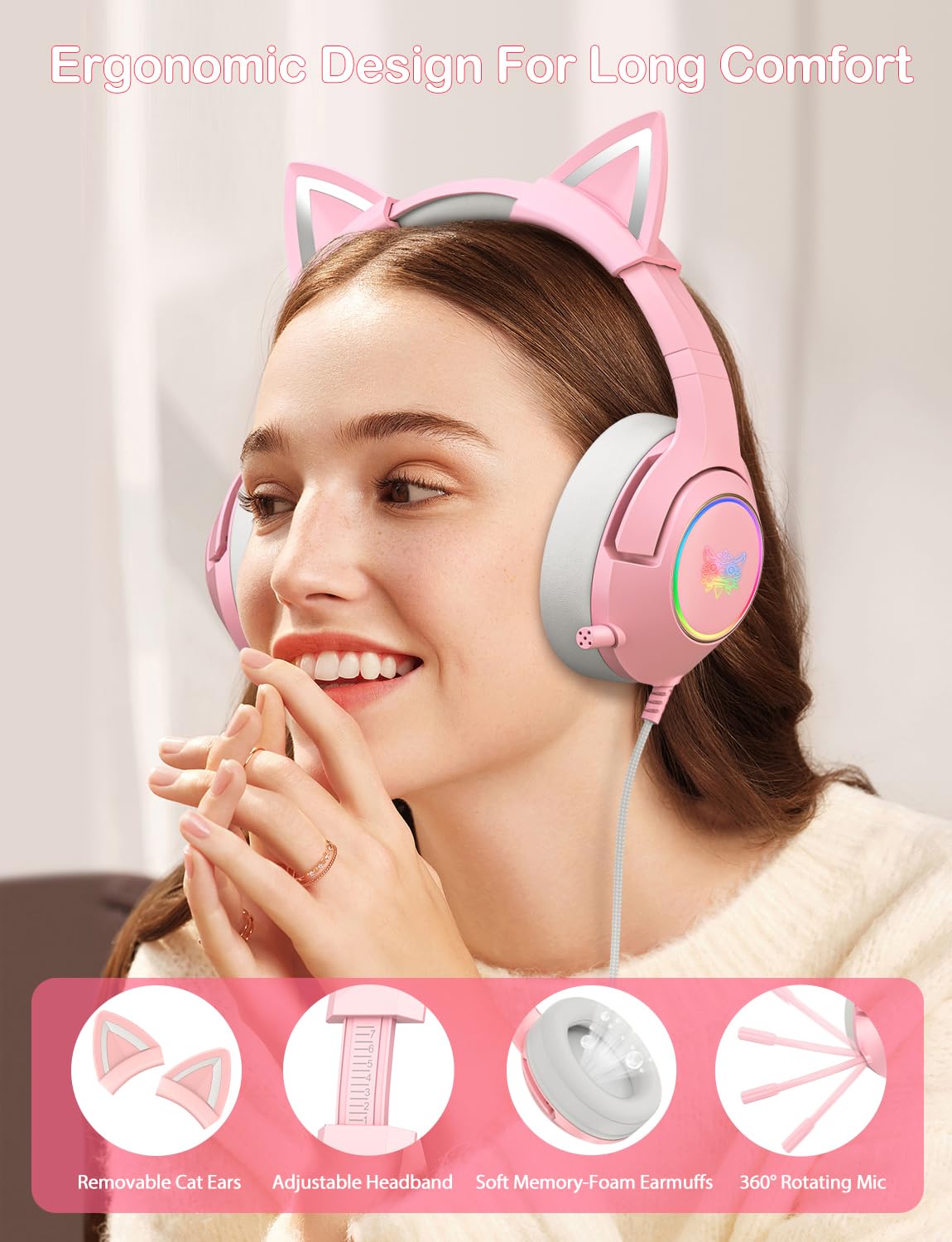 PHNIXGAM Cat Ear Gaming Headset, Wired Over-Ear with Microphone, Surround Sound, LED Light, Light Pink, Model K9