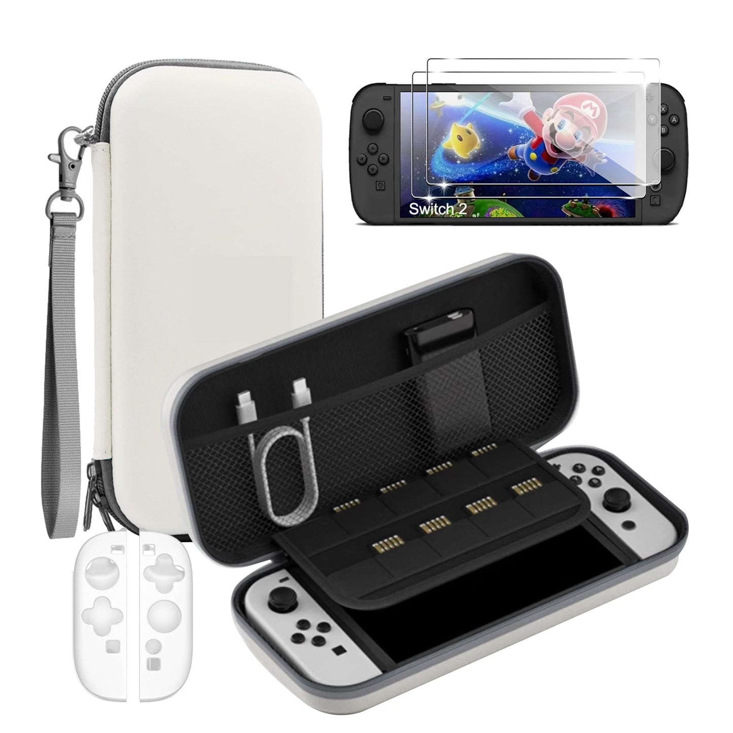 Suttkue Storage Case for NS Switch 2 - White Hard Shell Handbag with 2 Tempered Films & Transparent Silicone Handle