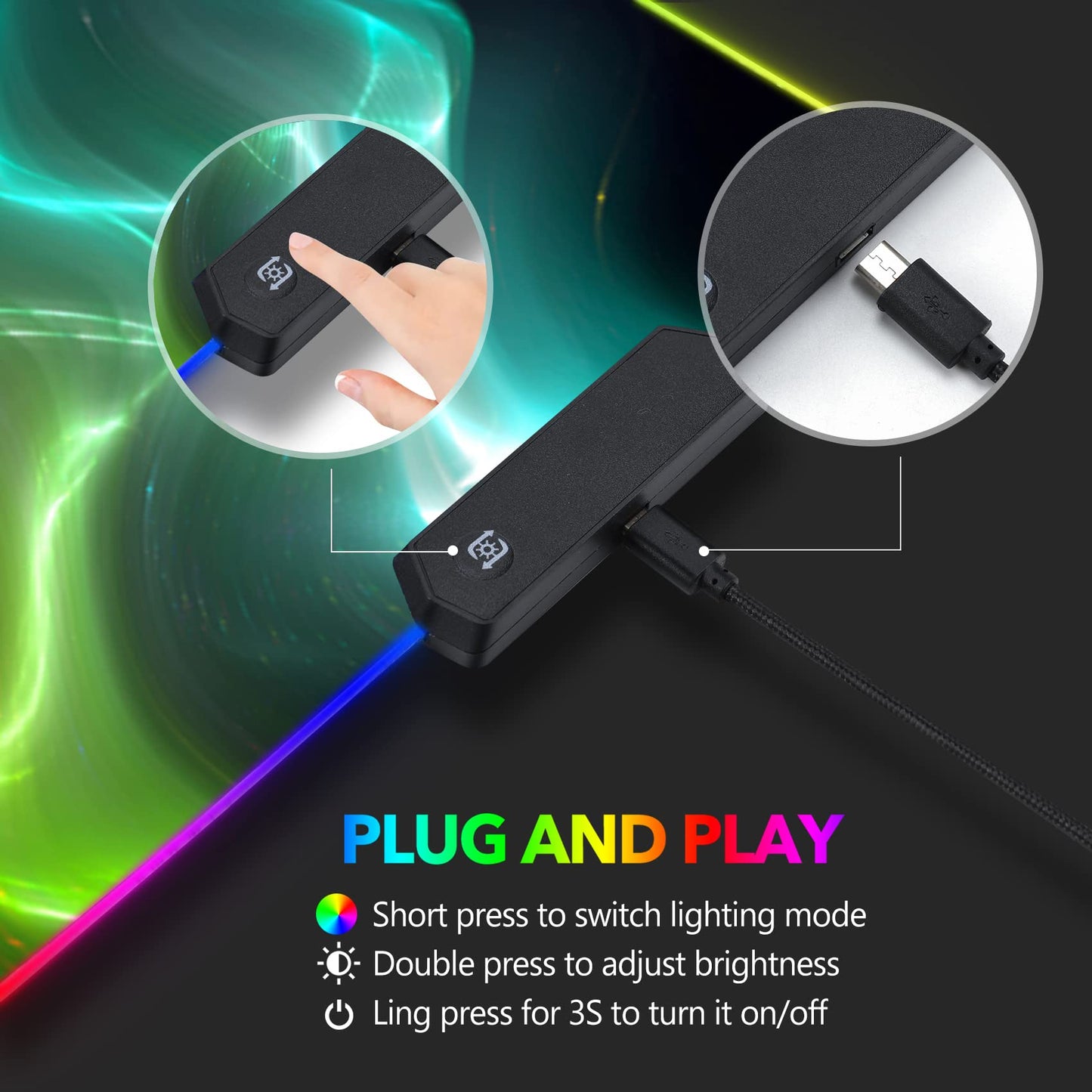 AIMSA Large RGB Gaming Mouse Pad - 35.4x15.8 inch, Non-Slip Rubber Base, Cool Aurora, 14 Lighting Modes, Waterproof Desk Mat