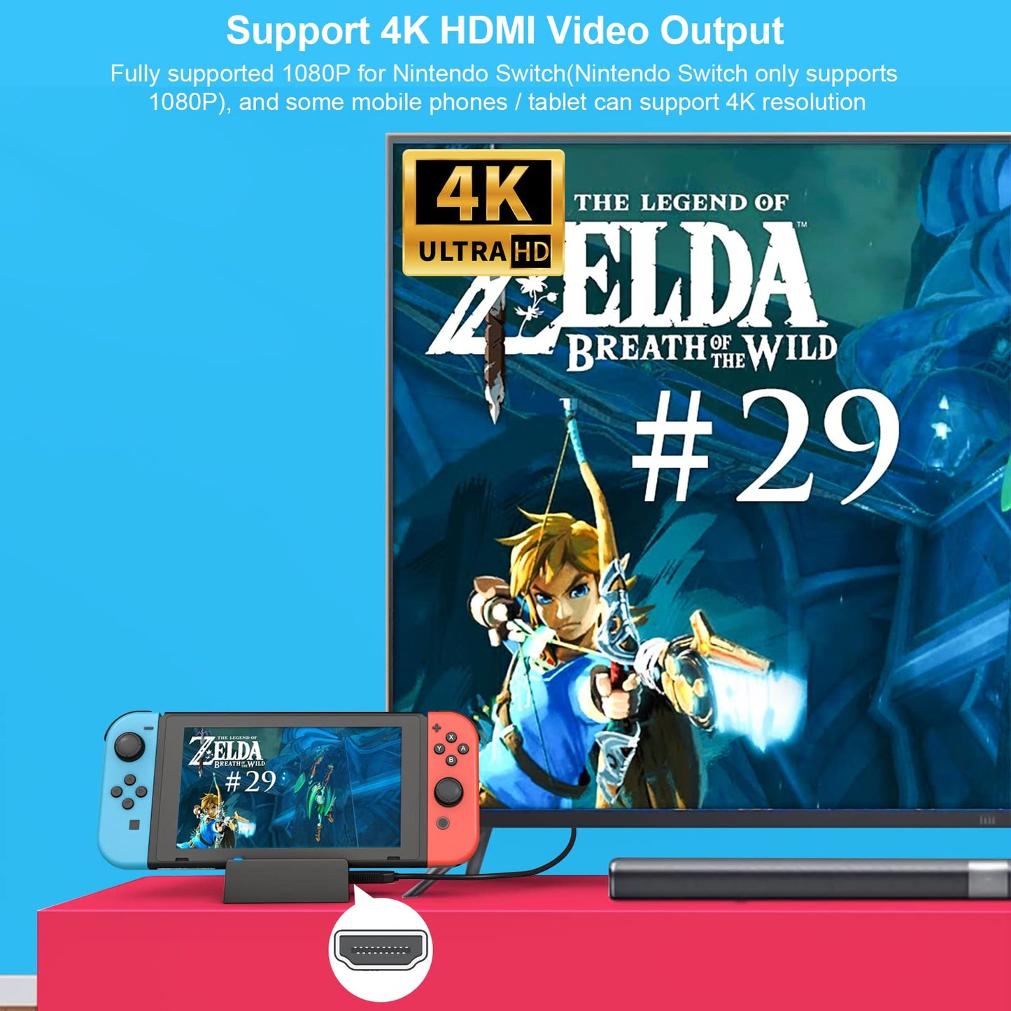 Ukor TV Docking Station for Nintendo Switch - Portable HDMI Adapter with Extra USB 3.0 Port, Black Charging Stand