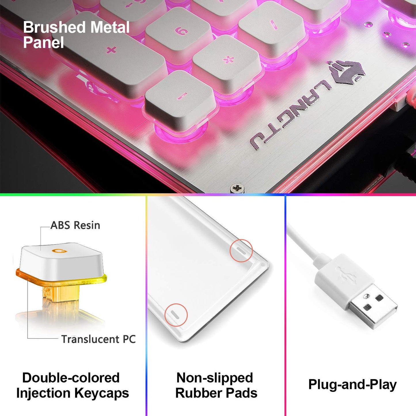 LANGTU L1 UK Membrane Gaming Keyboard, Rainbow LED Backlit, 104 Keys, Anti-Ghosting, USB Wired, White/Silver, 17.7x5x1.2 in