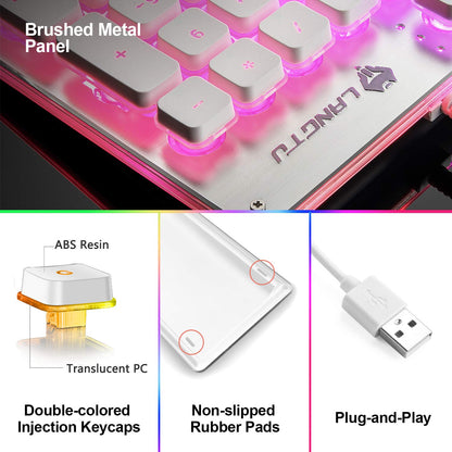 LANGTU L1 UK Membrane Gaming Keyboard, Rainbow LED Backlit, 104 Keys, Anti-Ghosting, USB Wired, White/Silver, 17.7x5x1.2 in