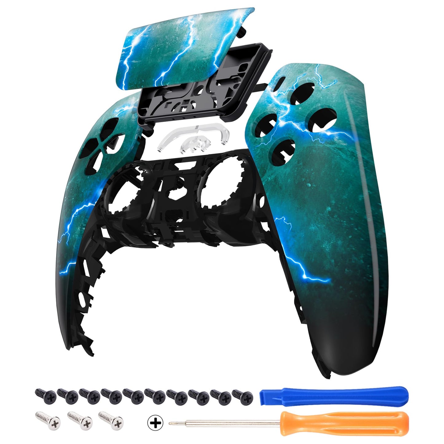 eXtremeRate Green Storm Thunder Touchpad Front Top Shell Compatible with ps5 Controller BDM-010 020 030 040 050  DIY Replacement Shell Custom Touch Pad Cover Compatible with ps5 Controller