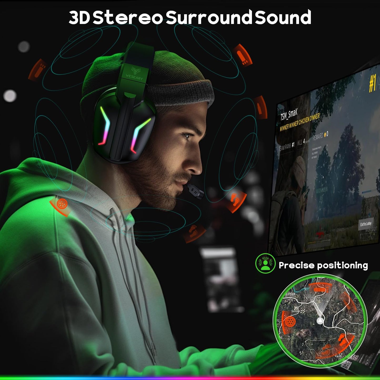 WESEARY Wireless Gaming Headset WG1 - 2.4GHz, ENC Microphone, Bluetooth 5.4, 50H Battery, Cool Black, for PC, PS5, PS