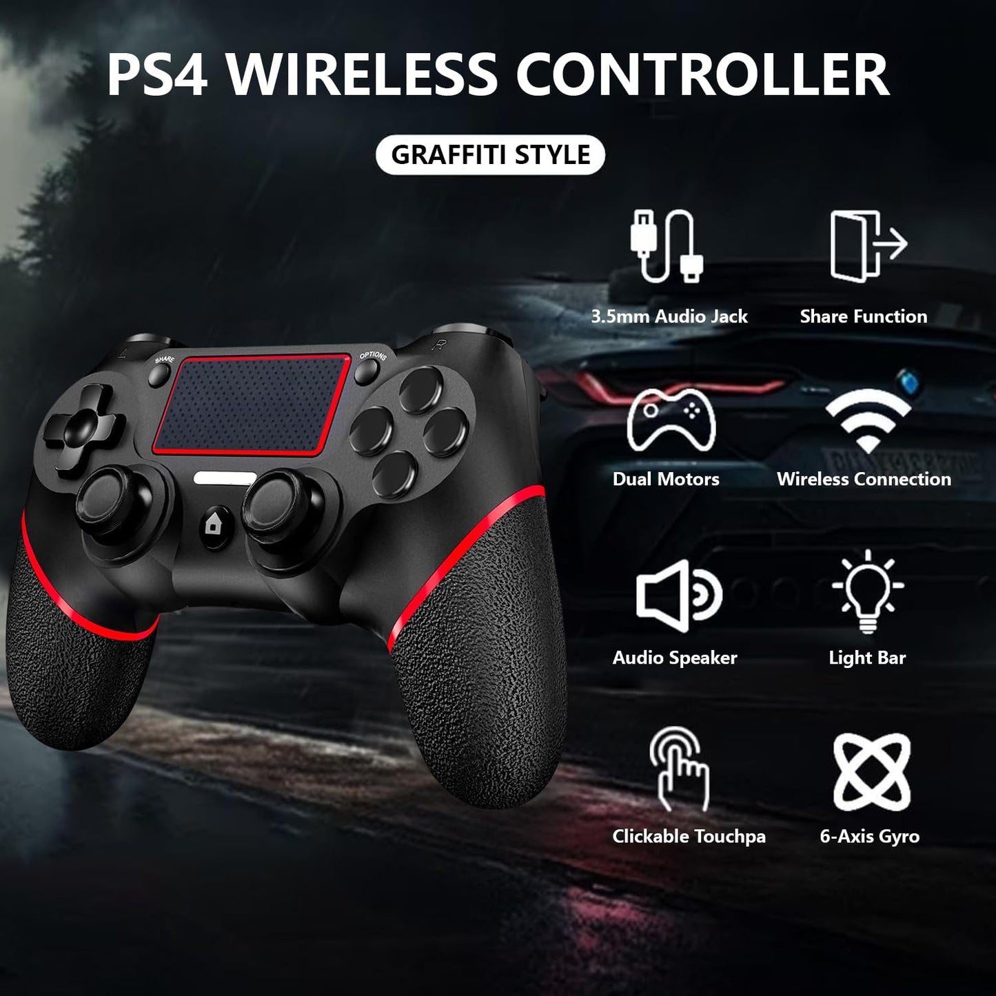 SZYUYU Wireless Controller for PS4, PC - 3.5mm Audio Jack, Touch Pad, Six Axis Motion Control, Black Red