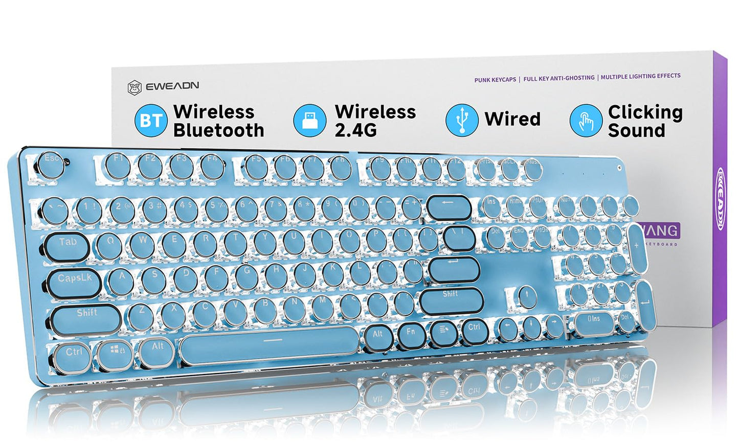 EWEADN TK950 Wireless Mechanical Typewriter Keyboard  104 Keys Aesthetic with White Backlit  Anti-Ghosting  Blue Switch Bluetooth/2.4GHz/USB-C Wired Cute keyboard-Blue