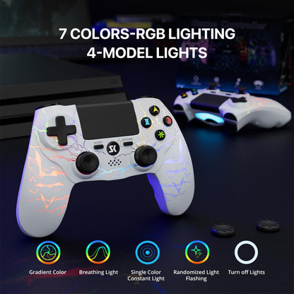 ISHAKO PS4 Controller - RGB Light, 1000mAh Battery, Double Vibration, 6-Axis Motion Control, 3.5mm Audio Jack - White