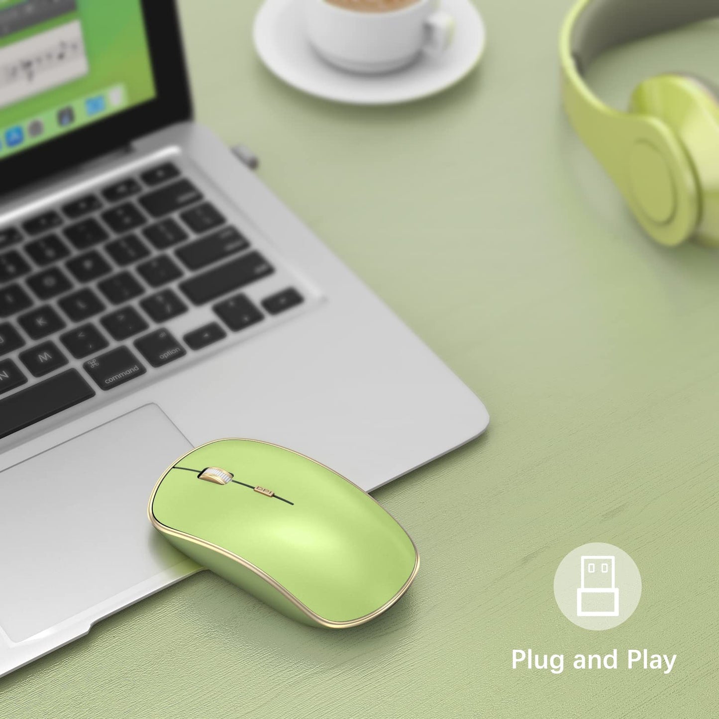 JOYACCESS Wireless Silent Mouse - 2.4G Portable USB Mouse, 5 Adjustable DPI, Light Green, Model J-2401
