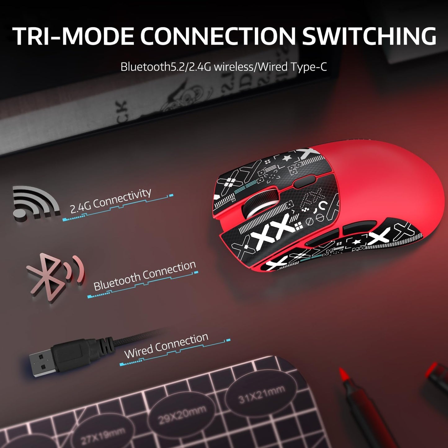 ATTACK SHARK R1 Wireless Gaming Mouse - Tri-Mode Connection, 55g, 18K DPI, Ergonomic Design, Red with Anti-Slip Sticker