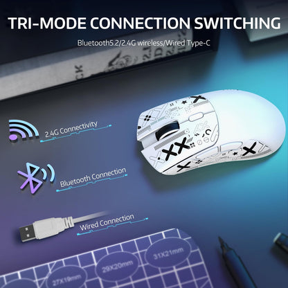 ATTACK SHARK R1 Wireless Gaming Mouse - Tri-Mode (2.4G/Wired/BT5.2), 18K DPI, 55g Lightweight, White with Anti-slip Sticker