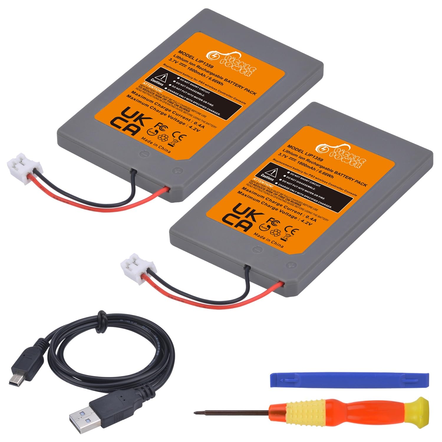 Pickle Power PS3 Controller Battery  2 Pack LIP1359 Battery for Sony PS3 PlayStation 3 Dualshock 3 CECHZC2E CECHZC2U Controller with USB Cable
