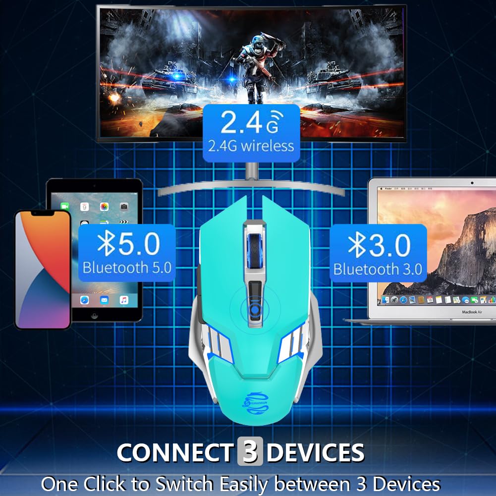 SHUNJINRUN Green Wireless Gaming Mouse - Bluetooth 3-Modes, RGB Backlit, Silent Click, Model SJR343 for Laptop, PC, MacBook, iPad