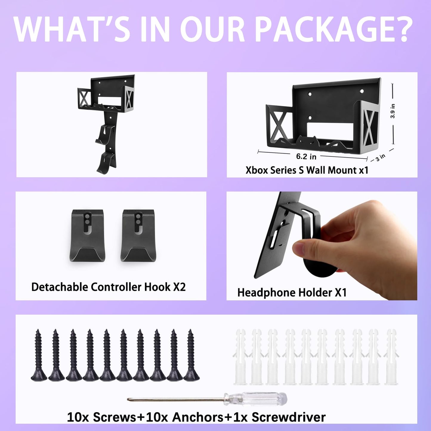 BracNova Wall Mount Kit for Xbox Series S - Steel Mount with Detachable Controller Holder & Headphone Stand - Black, Model BS01-202309-002