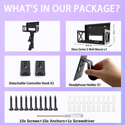 BracNova Wall Mount Kit for Xbox Series S - Steel Mount with Detachable Controller Holder & Headphone Stand - Black, Model BS01-202309-002