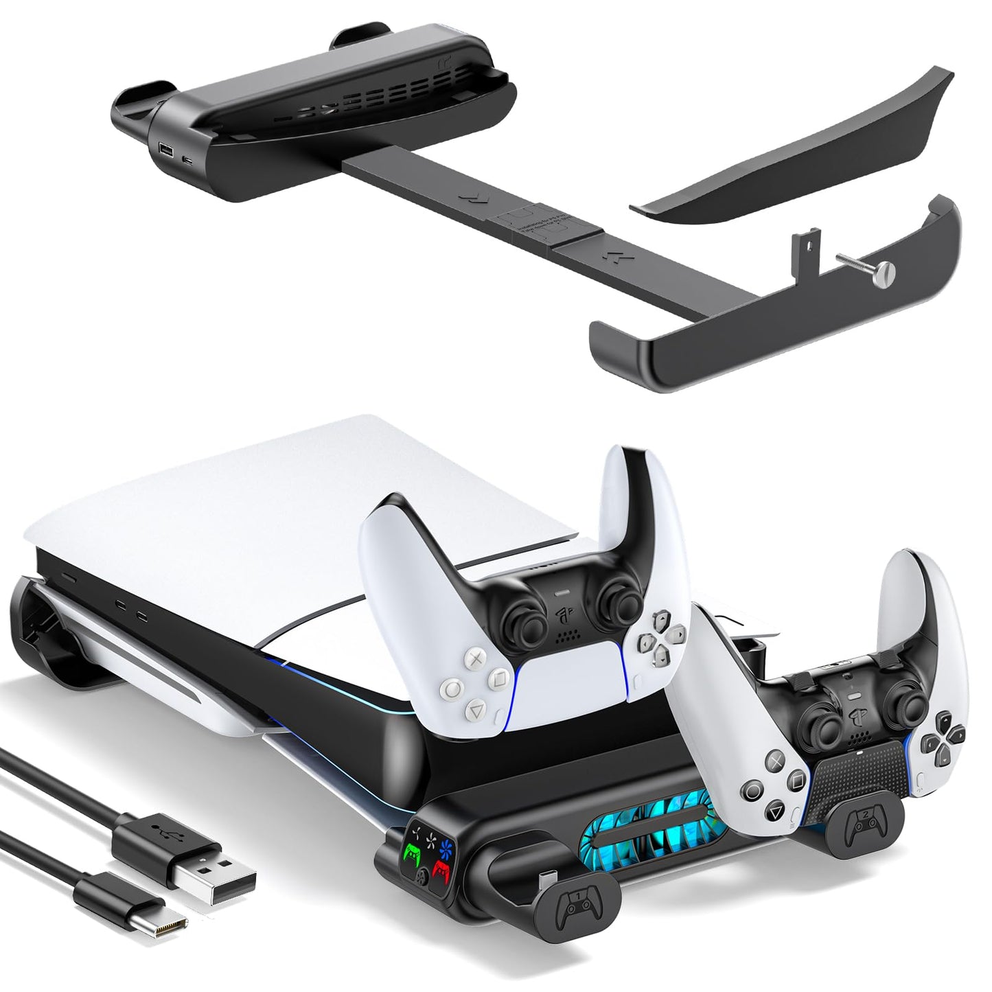Tokluck PS5 Slim/Pro Horizontal Stand  PS5 Cooling Station with Dual Controller Charger for Disc & Digital Versions  3-Level Cooling Fan - Black (NOT Fit 2020 PS 5 Regular Version)