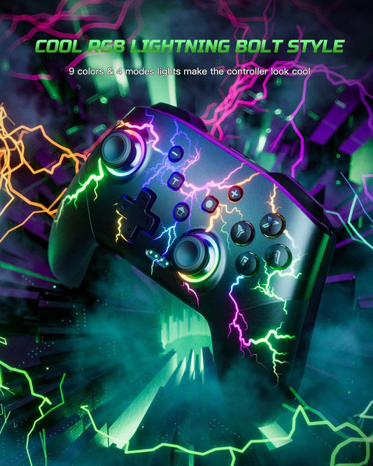 VOYEE Wireless Pro Controller for Switch 2/Lite/OLED/PC - 1000mAh, RGB LED, Small, Black & LED Lights, Model S08