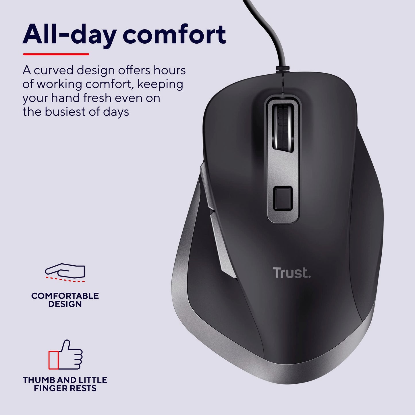 Trust Fyda Wired Ergonomic USB Mouse, 600-5000 DPI, 6 Buttons, Recycled Materials, Black, Eco-Friendly, Model 24728