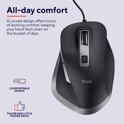 Trust Fyda Wired Ergonomic USB Mouse, 600-5000 DPI, 6 Buttons, Recycled Materials, Black, Eco-Friendly, Model 24728