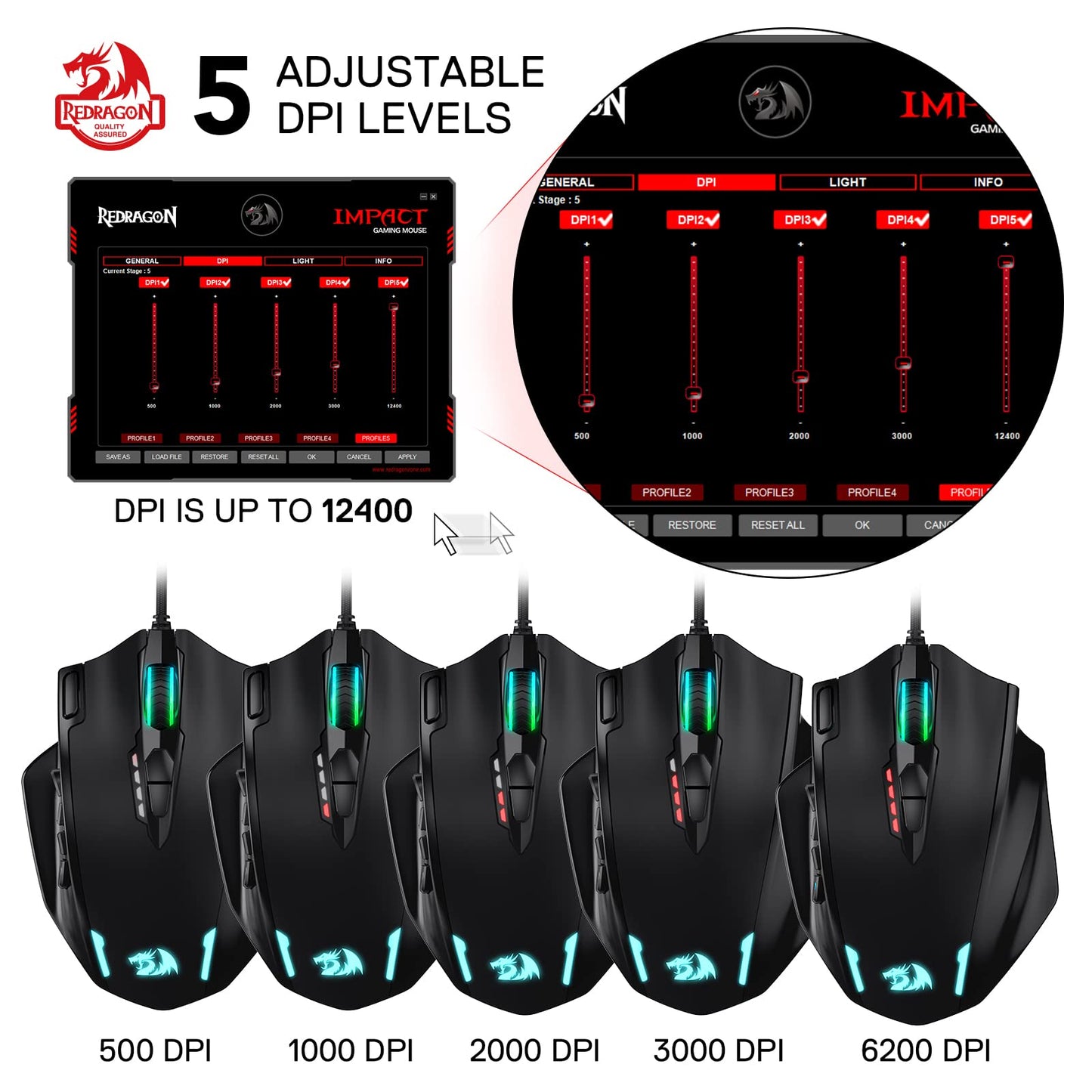 Redragon M908 RGB LED MMO Gaming Mouse - 12 Side Buttons, 12400 DPI, Wired, Ergonomic, Black