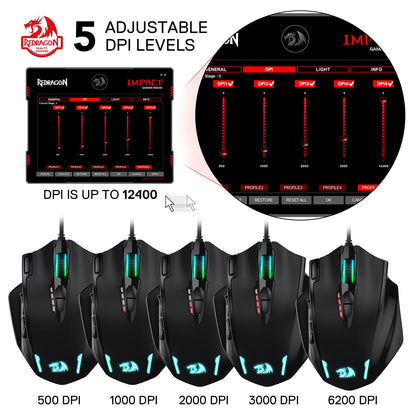 Redragon M908 RGB LED MMO Gaming Mouse - 12 Side Buttons, 12400 DPI, Wired, Ergonomic, Black
