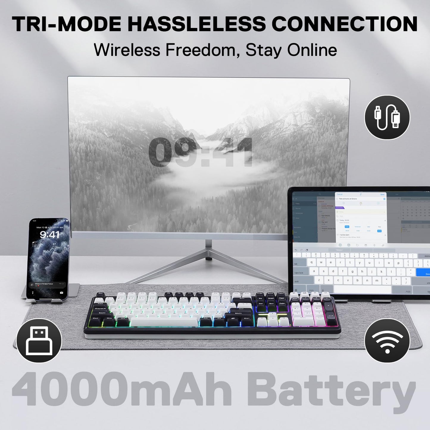 Redragon K745 PRO Wireless RGB Gaming Keyboard, 108 Keys, South-Facing LEDs, Abyssal Blue, Hot-Swap Mint Mambo Switch, Noise Dampening