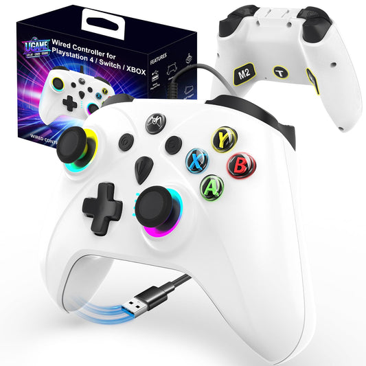 Ugame Wired Versatile Controller for Xbox/PS4/Switch/PC  Wire Control for Xbox Series X/S  Xbox One with Back Paddles  1000Hz Polling  Turbo  RGB Game Light (1 White Mando)