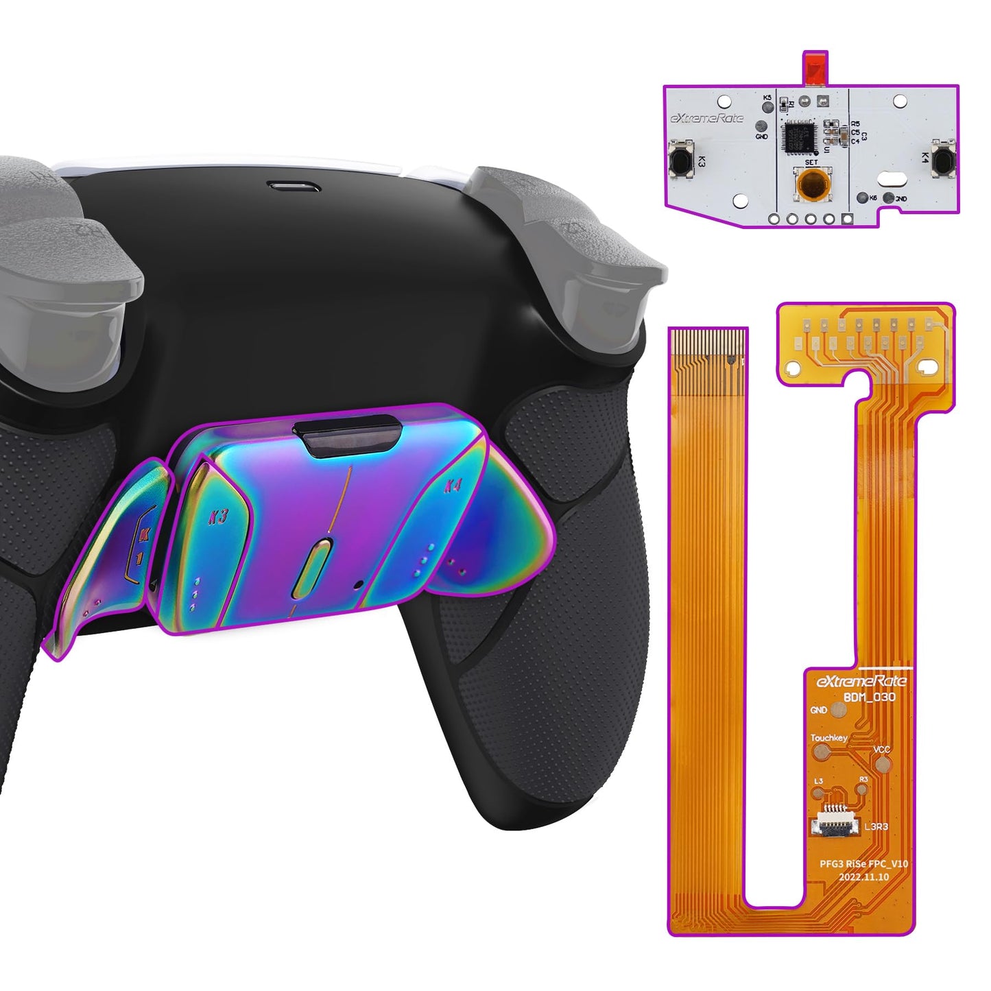 eXtremeRate Rainbow Aura Blue Purple Real Metal Buttons (RMB) RISE4 Remap Kit for PS5 Controller BDM-030 040 050  Black Rubberized Grip Black Back Shell  Upgrade Board Back Buttons for PS5 Controller