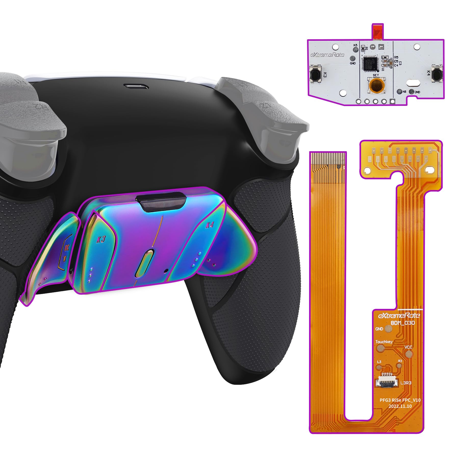 eXtremeRate Rainbow Aura Blue Purple Real Metal Buttons (RMB) RISE4 Remap Kit for PS5 Controller BDM-030 040 050  Black Rubberized Grip Black Back Shell  Upgrade Board Back Buttons for PS5 Controller