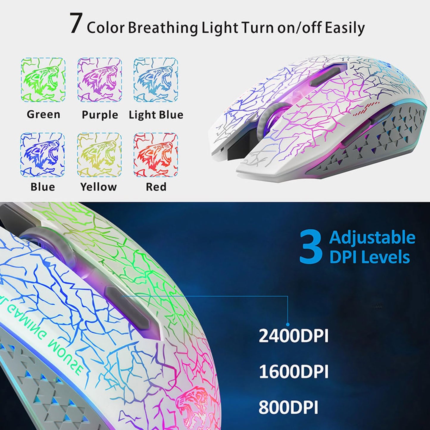 TENMOS M2 Wireless Gaming Mouse - Ergonomic, Silent, 7-Color LED, 3 Adjustable DPI, White, USB Rechargeable, Model M2002