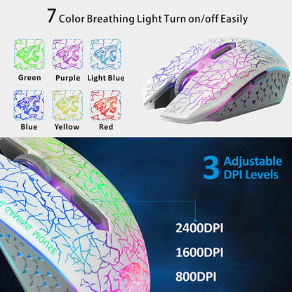TENMOS M2 Wireless Gaming Mouse - Ergonomic, Silent, 7-Color LED, 3 Adjustable DPI, White, USB Rechargeable, Model M2002