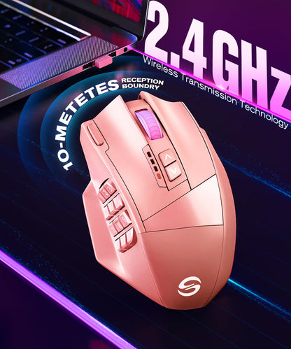 UtechSmart Venus Pro Wireless MMO Gaming Mouse, 16,000 DPI, Ergonomic, Pink, Model US-D16000-WGM, Dual Modes, 16 Programmable Buttons