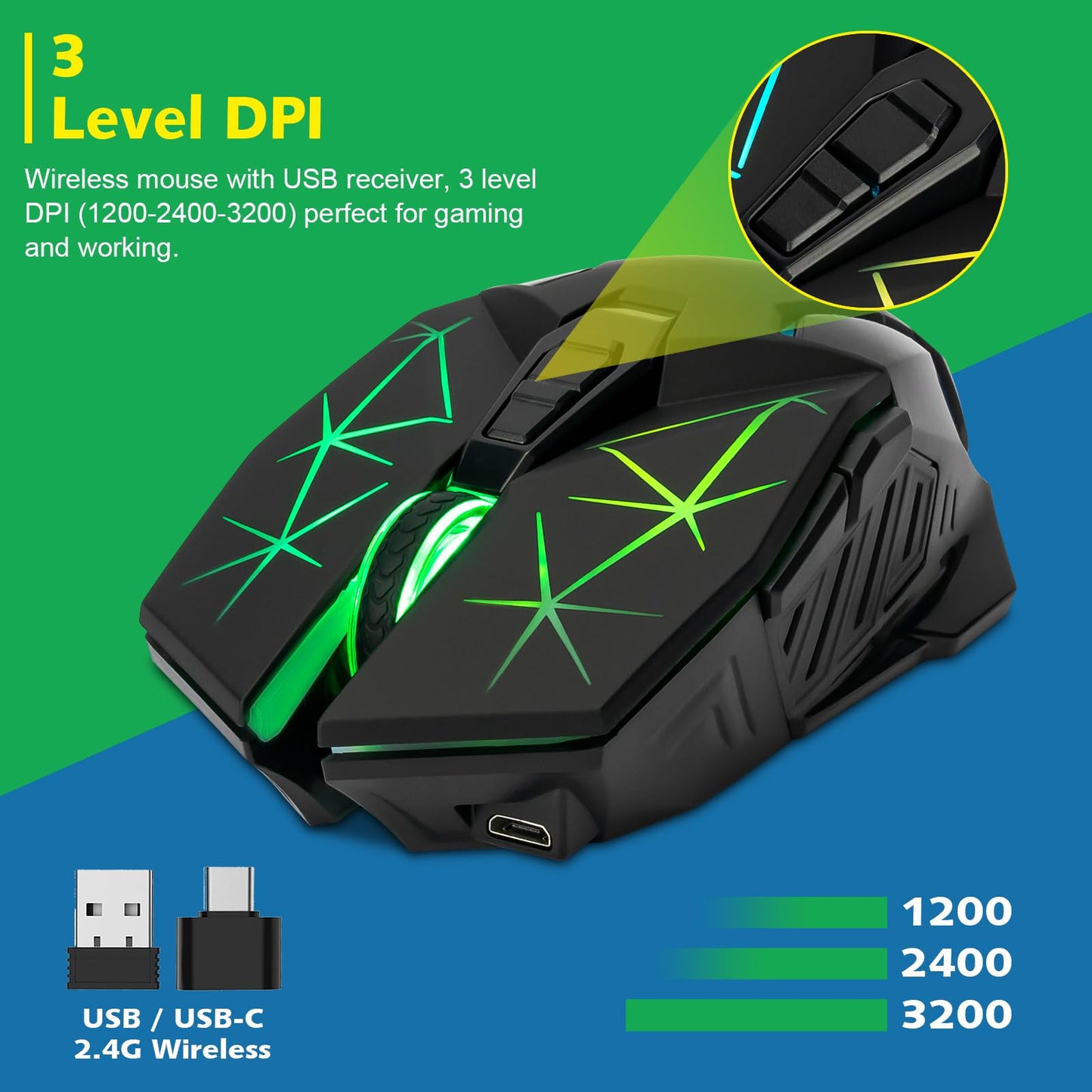 CHONCHOW Wireless Gaming Mouse, 3200 DPI, 7 Buttons, USB C, Colorful LED, Black, Model WG10