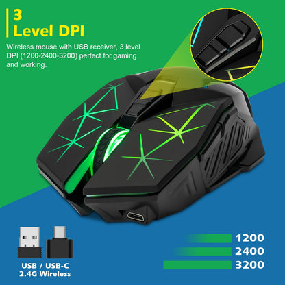 CHONCHOW Wireless Gaming Mouse, 3200 DPI, 7 Buttons, USB C, Colorful LED, Black, Model WG10