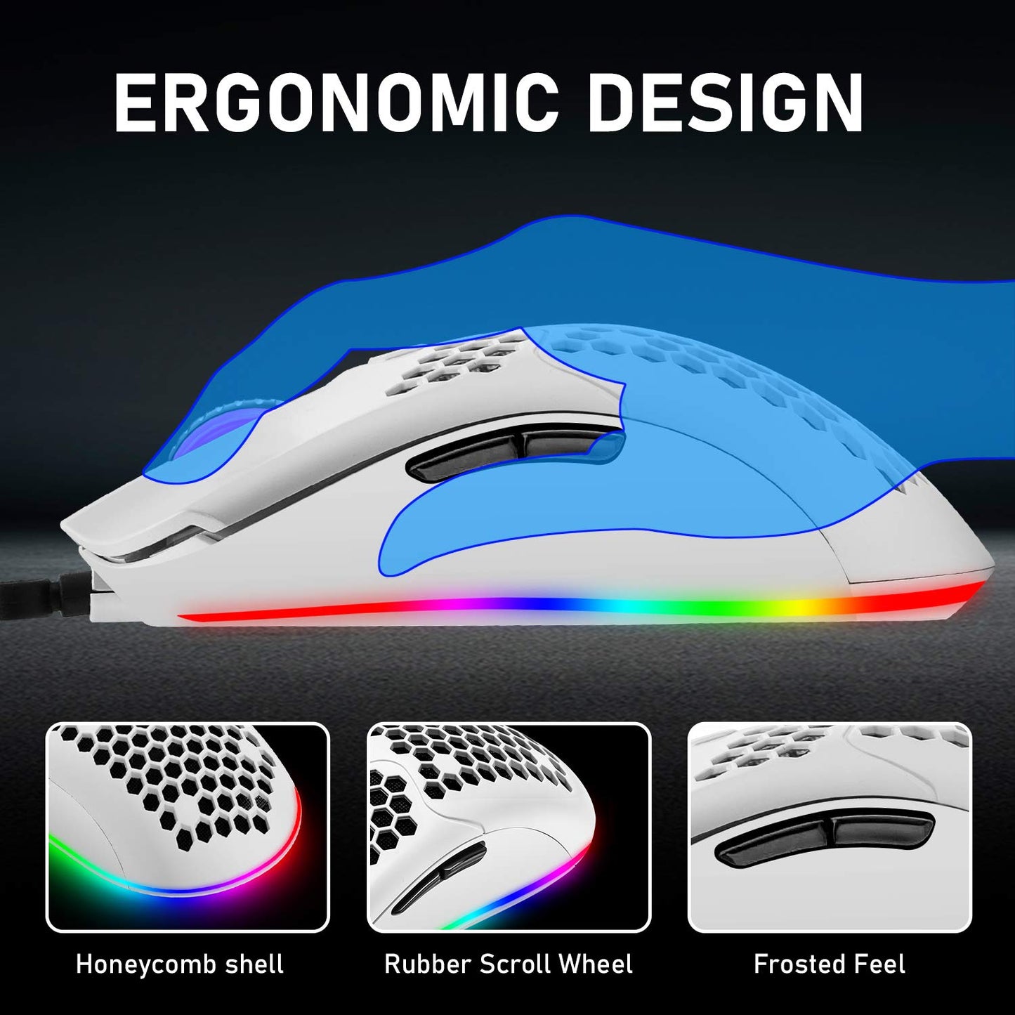 ZIYOU LANG Wired Gaming Mouse, 6 RGB Lights, 6400 DPI, Honeycomb Design, Ultraweave Cable, Lightweight, White