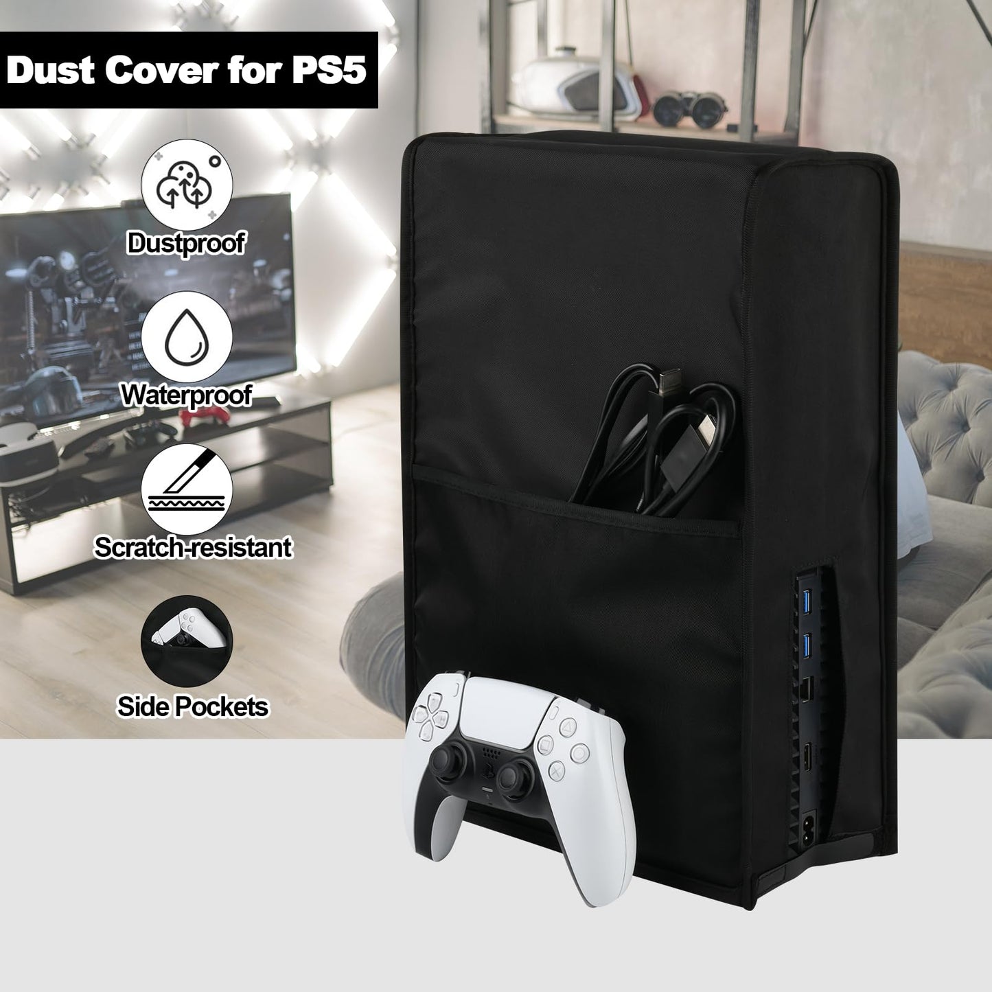 Cosmos PS5 Dust Cover - Anti Scratch & Waterproof Sleeve with Side Pockets, Black, Model GAME-DUST-COVER