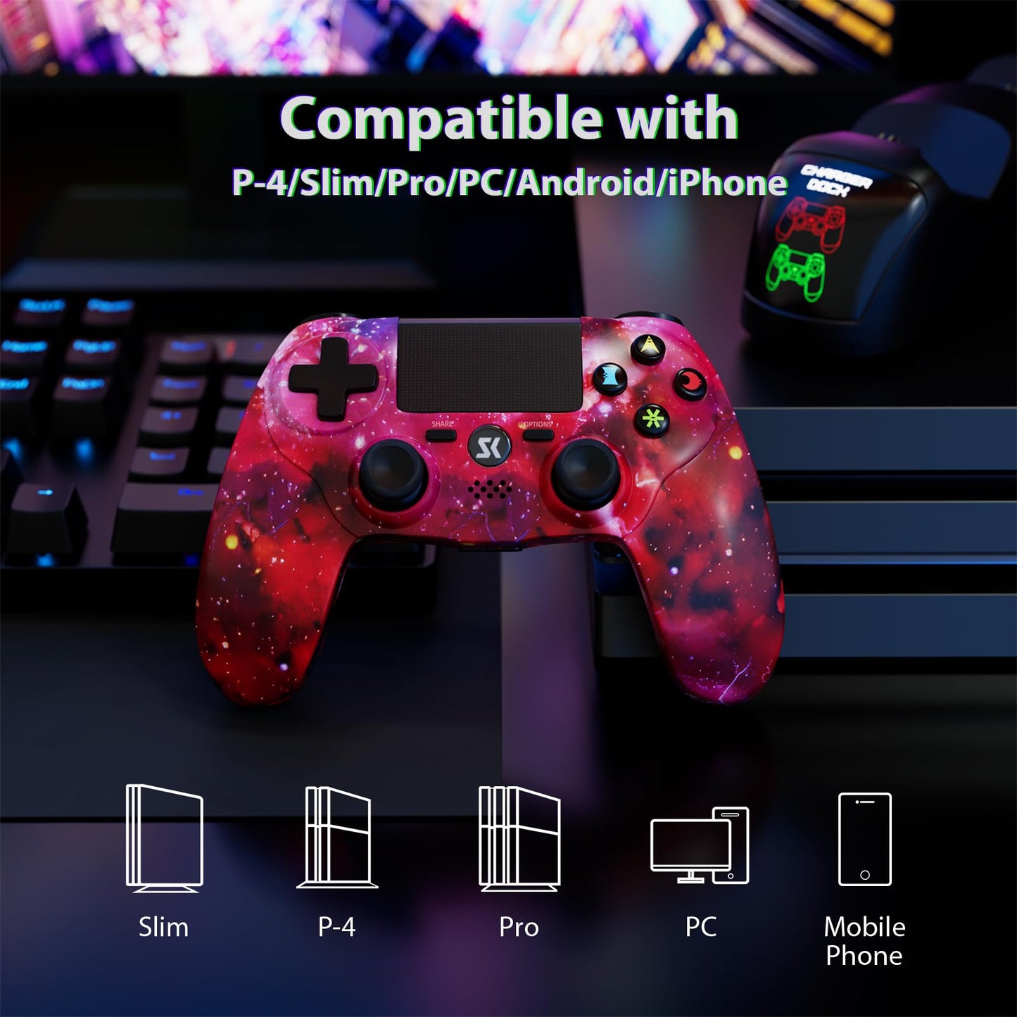CHENGDAO Wireless Controller for PS4, PS415 Model, Galaxy Nebula Design, Double Vibration, Touch Pad, Audio Function