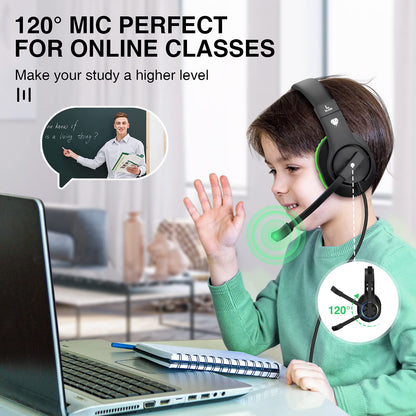 BlueFire Over-Ear Kids Headphones with Microphone, Volume Control, 3.5mm Jack, Green, Model CW63BF for Gaming and Online School
