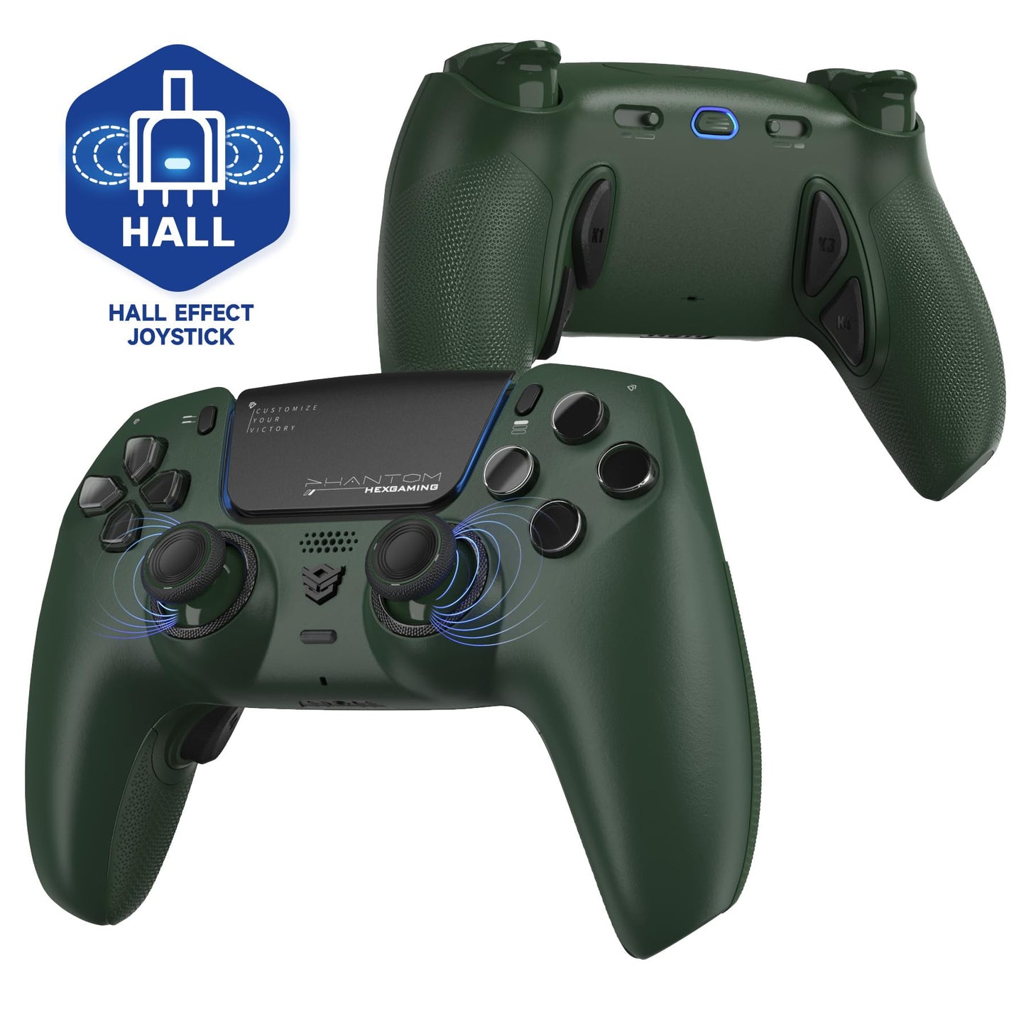 HEXGAMING PHANTOM Pro Controller with 4 Remappable Buttons  6 Remapping Profiles  8 Interchangeable Analog Stick  and Adjustable Triggers Compatible with ps5  PC  Mobile - Hall Effect Static Emerald