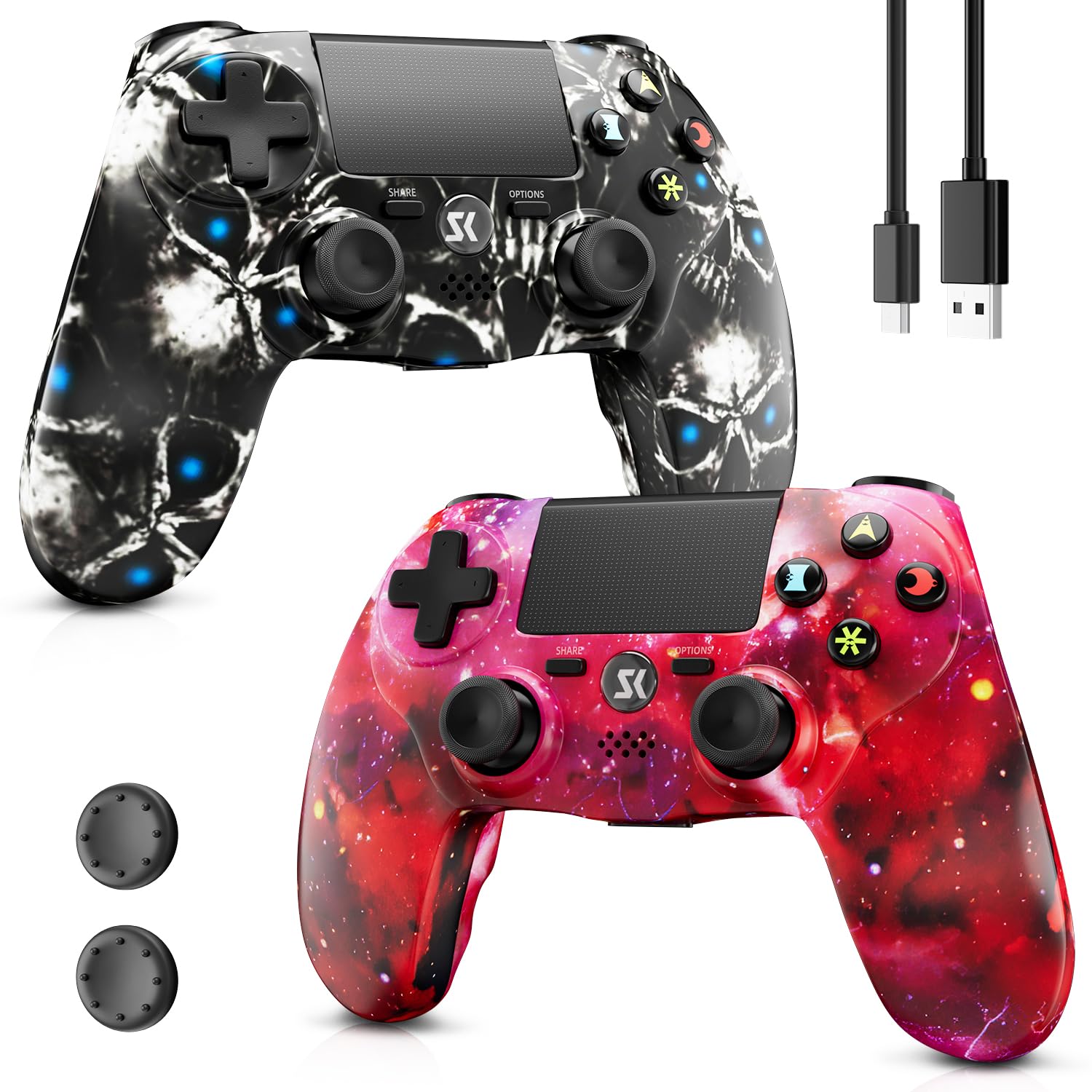 Wireless Controller for PS4  2 Pack Controllers for PS4 with Double Vibration/6-Axis Sensor/Touch Pad/Headphone Jack  Ergonomic Non-Slip Grip Compatible with PlayStation 4/Slim/Pro (Skull & Red)