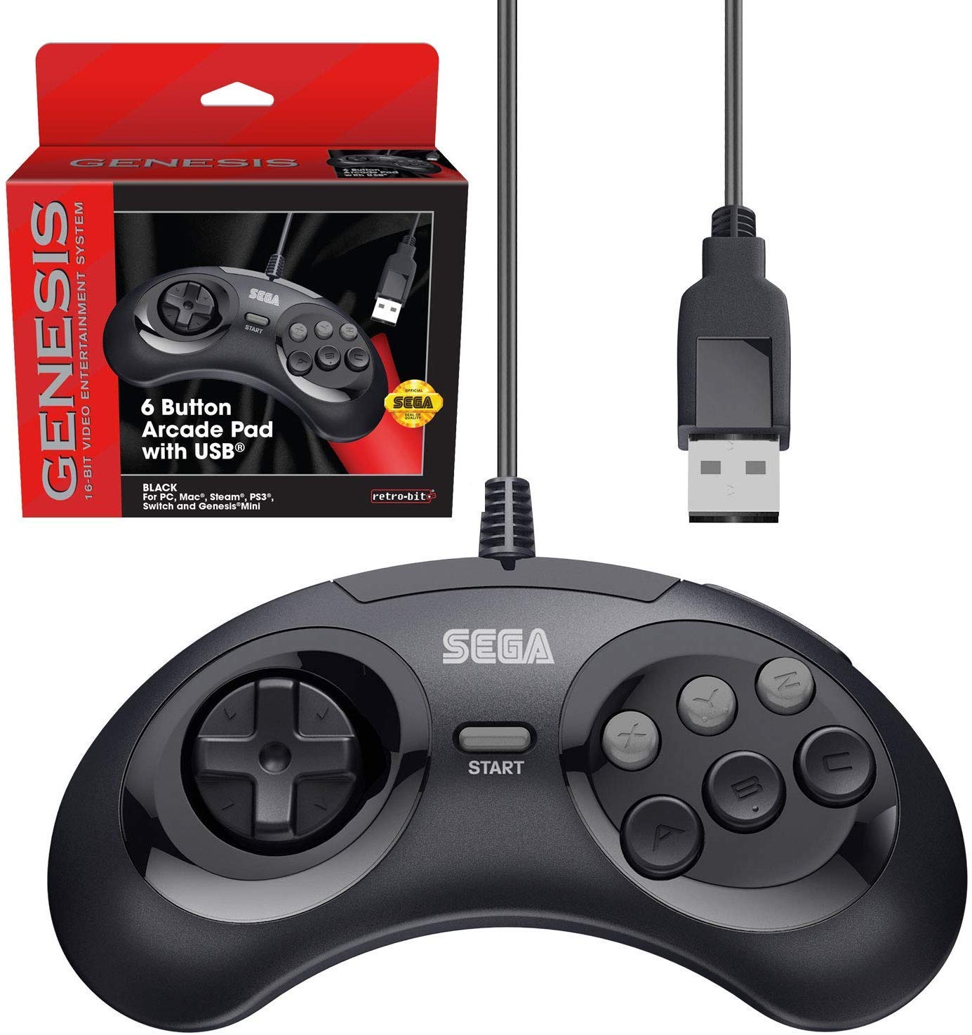 Retro-Bit 6-Button USB Controller for Sega Genesis Mini, PS3, PC, Mac, Switch - Black - Model 849172010987