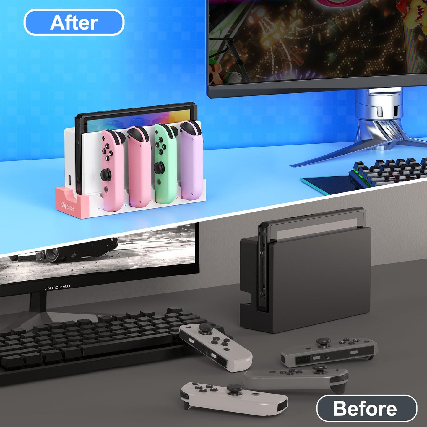 Klipdasse Charging Dock for Nintendo Switch & OLED, Pink-White, Charges 4 Joy-con Handles, Includes Indicator Light