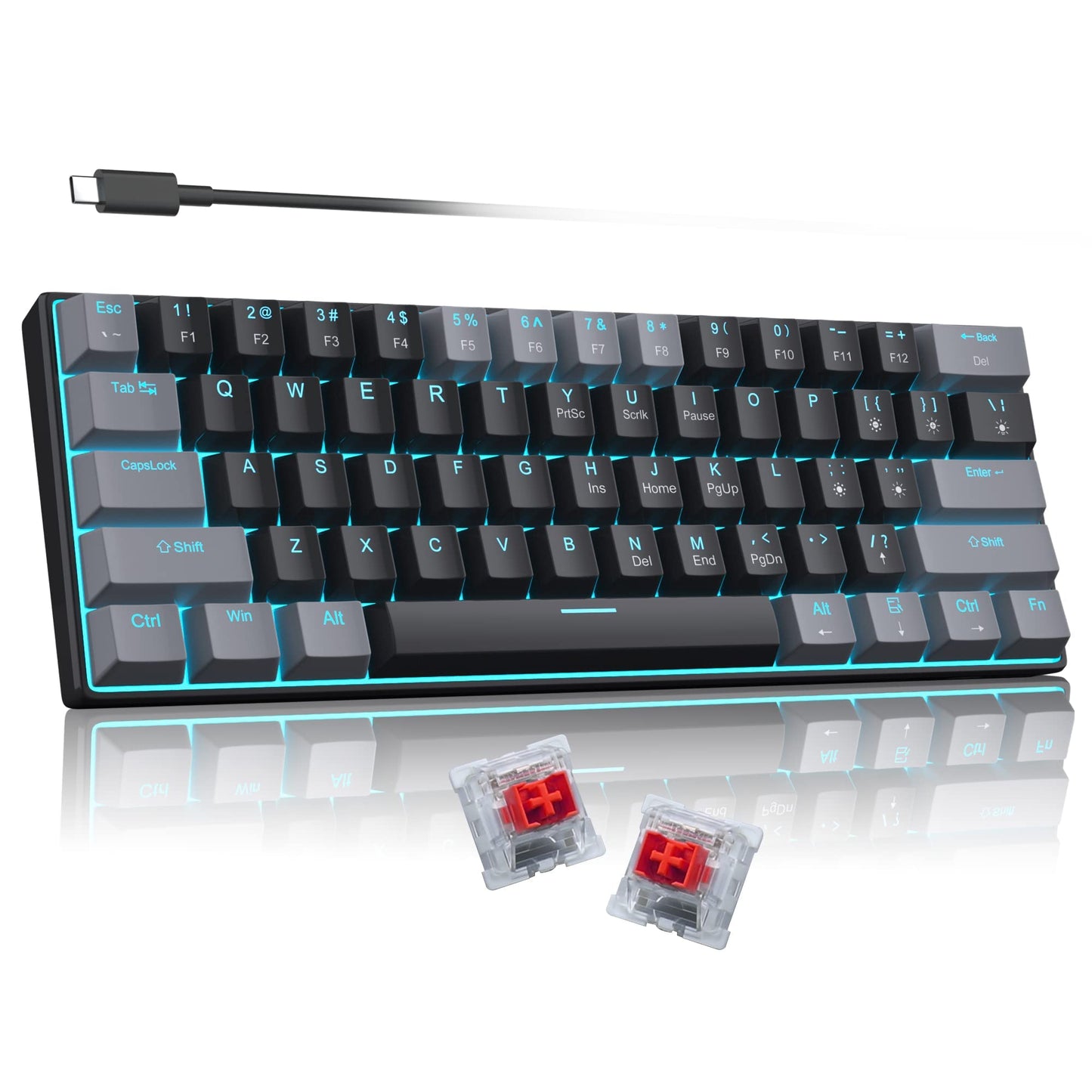 Camiysn 60% Mechanical Gaming Keyboard, Gray & Black Keycaps, Red Switches, Mini Type-C, Powder Blue Light for Windows/Mac/PC/Laptop