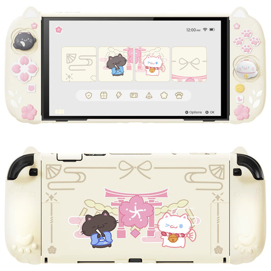 PlayVital Cherry Blossoms Kitten Case for Nintendo Switch 2 - Antique Yellow, Silicone Grips, Dockable Hard Shell, Model HFQNTM002