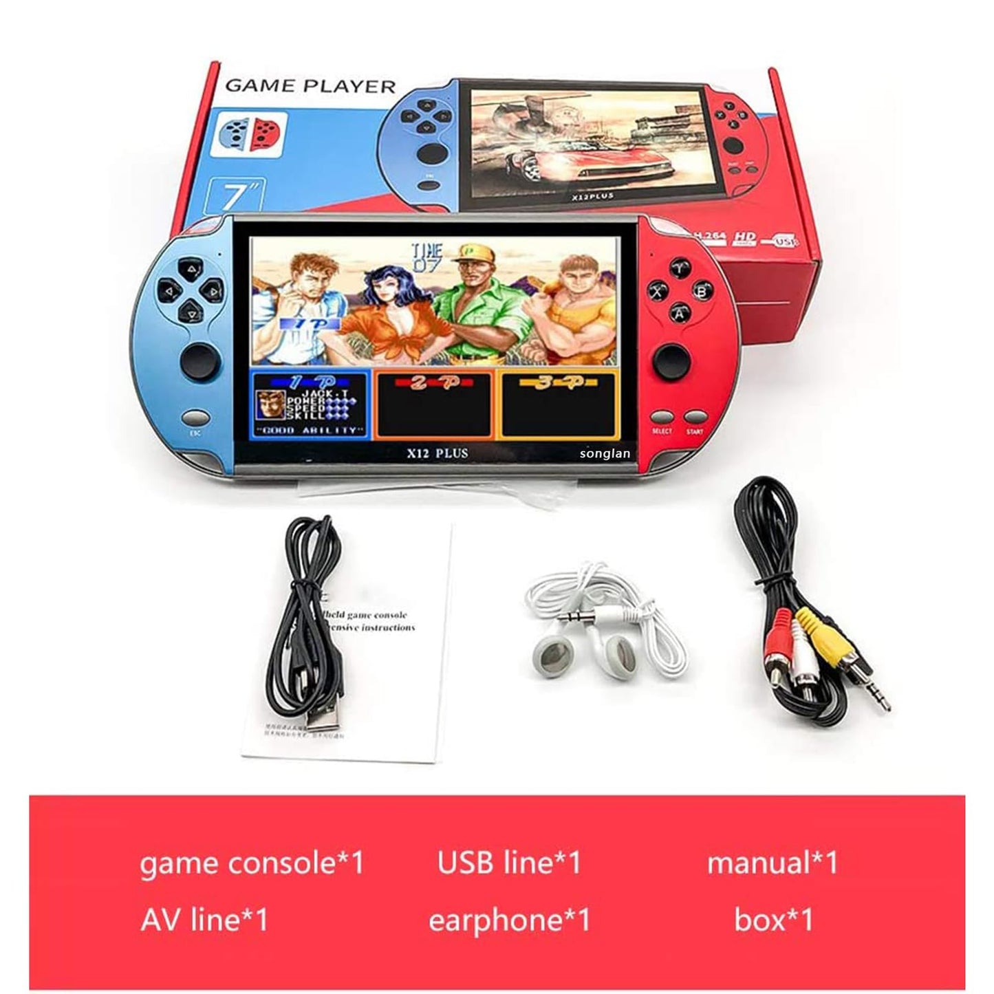 FAITDER X12 Plus 7-Inch HD Handheld MP5 - 10000+ Games, Dual Joystick, Blue & Red