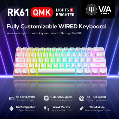 RK ROYAL KLUDGE RK61 60% Mechanical Gaming Keyboard, RGB Backlit, Hot-Swappable Blue Switch, White