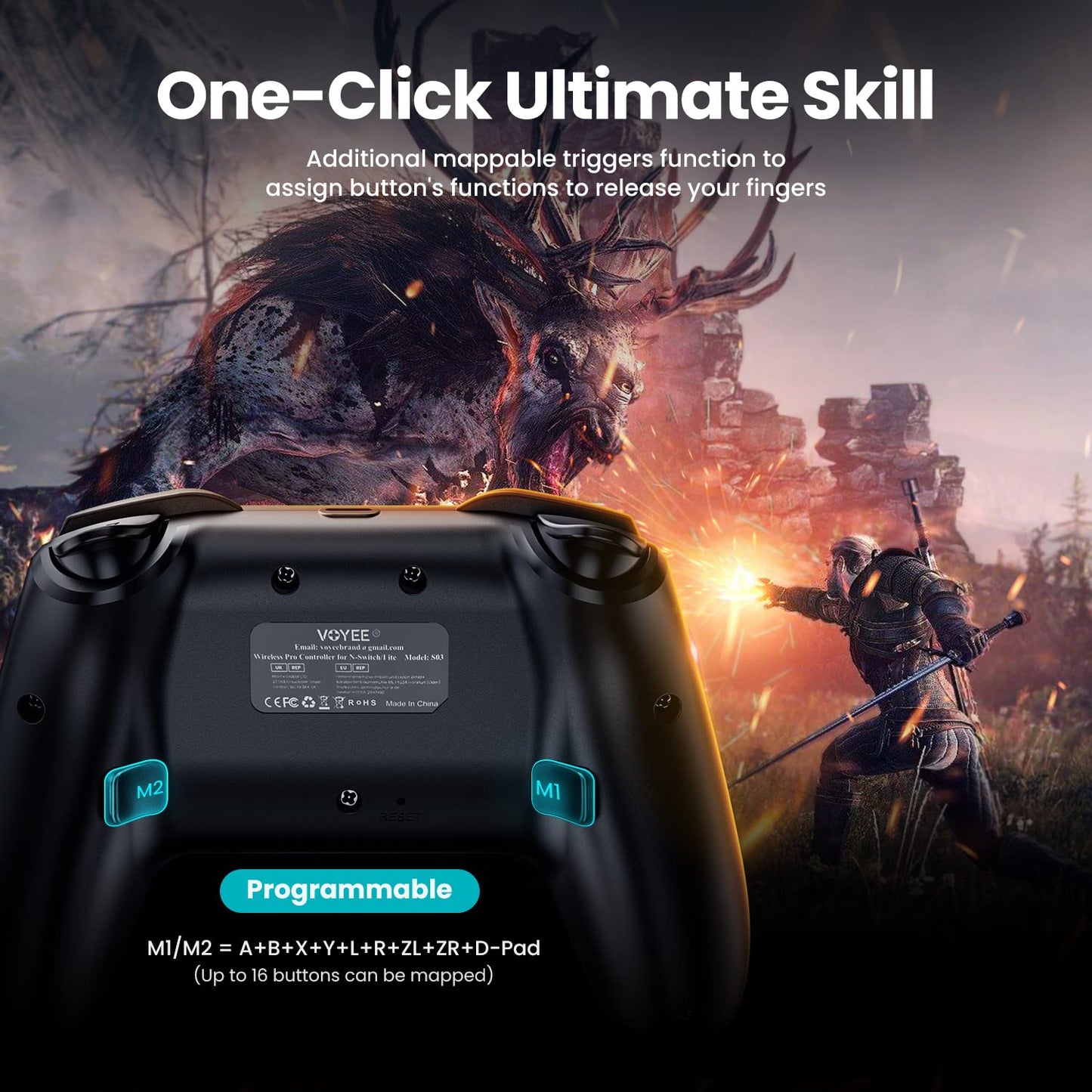 VOYEE Pro Switch Controller - Wireless, Turbo, Gyro Motion, Vibration, Gray, Model S03, Compatible with Nintendo Switch/Lite/OLED