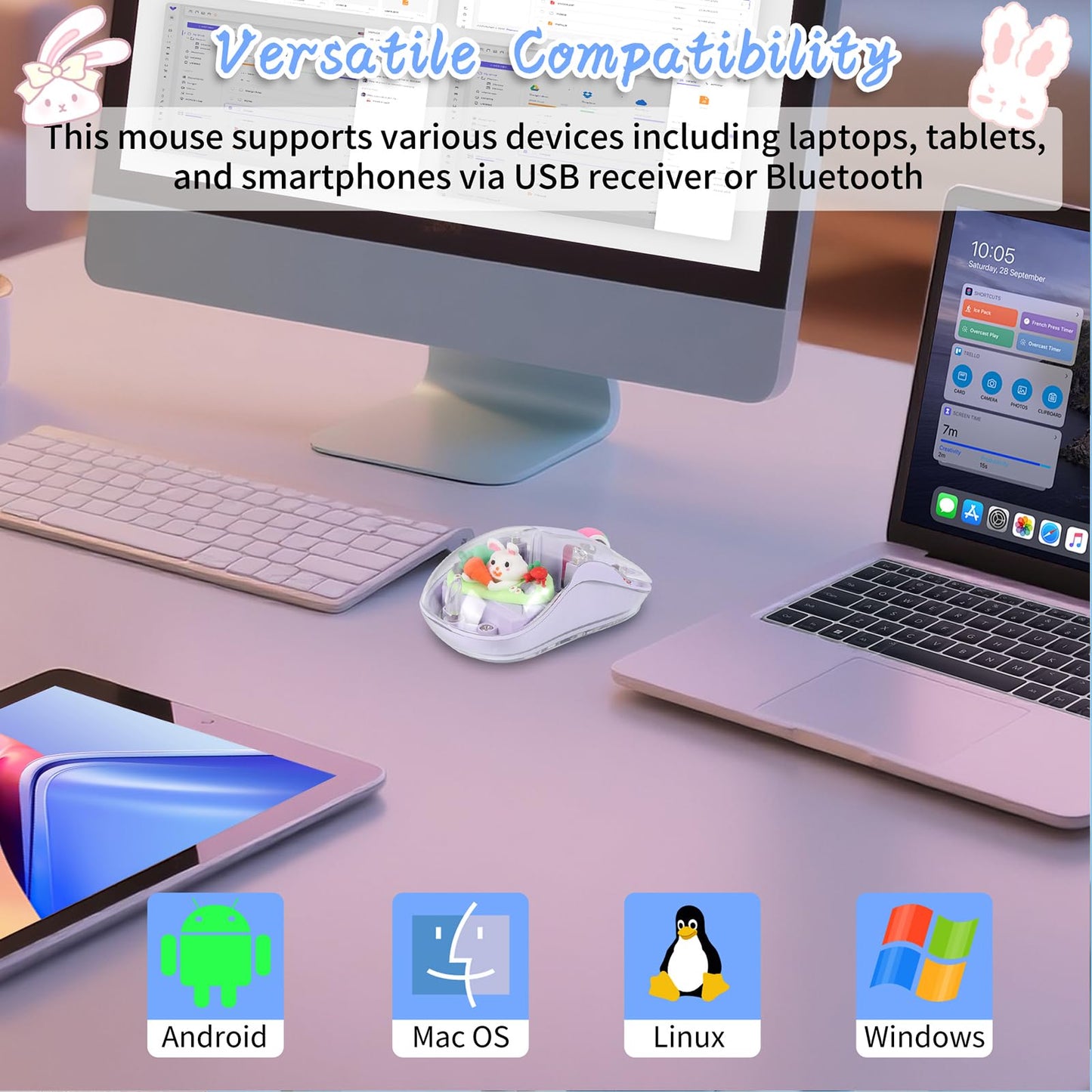 elec Space Wireless USB C Mouse - Bluetooth Triple Mode, Rechargeable, Silent, Portable Design - Purple Cartoon Character