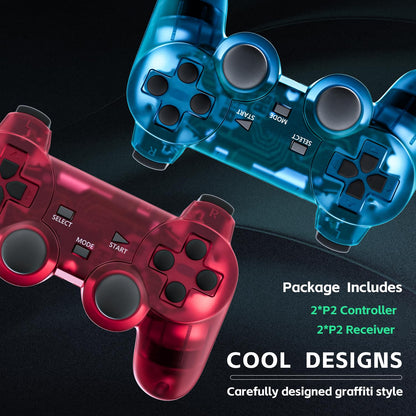 Burcica Wireless Controller for PS2 - Double Vibration, ClearBlue & ClearRed