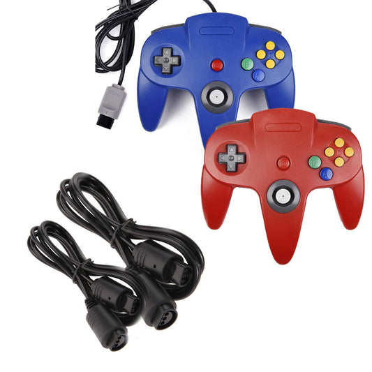 miadore 2 Pack Classic Controllers (Blue/Red) Bundle with 2 Pack 6FT Controller Extension Cable for N64 Console Video Games